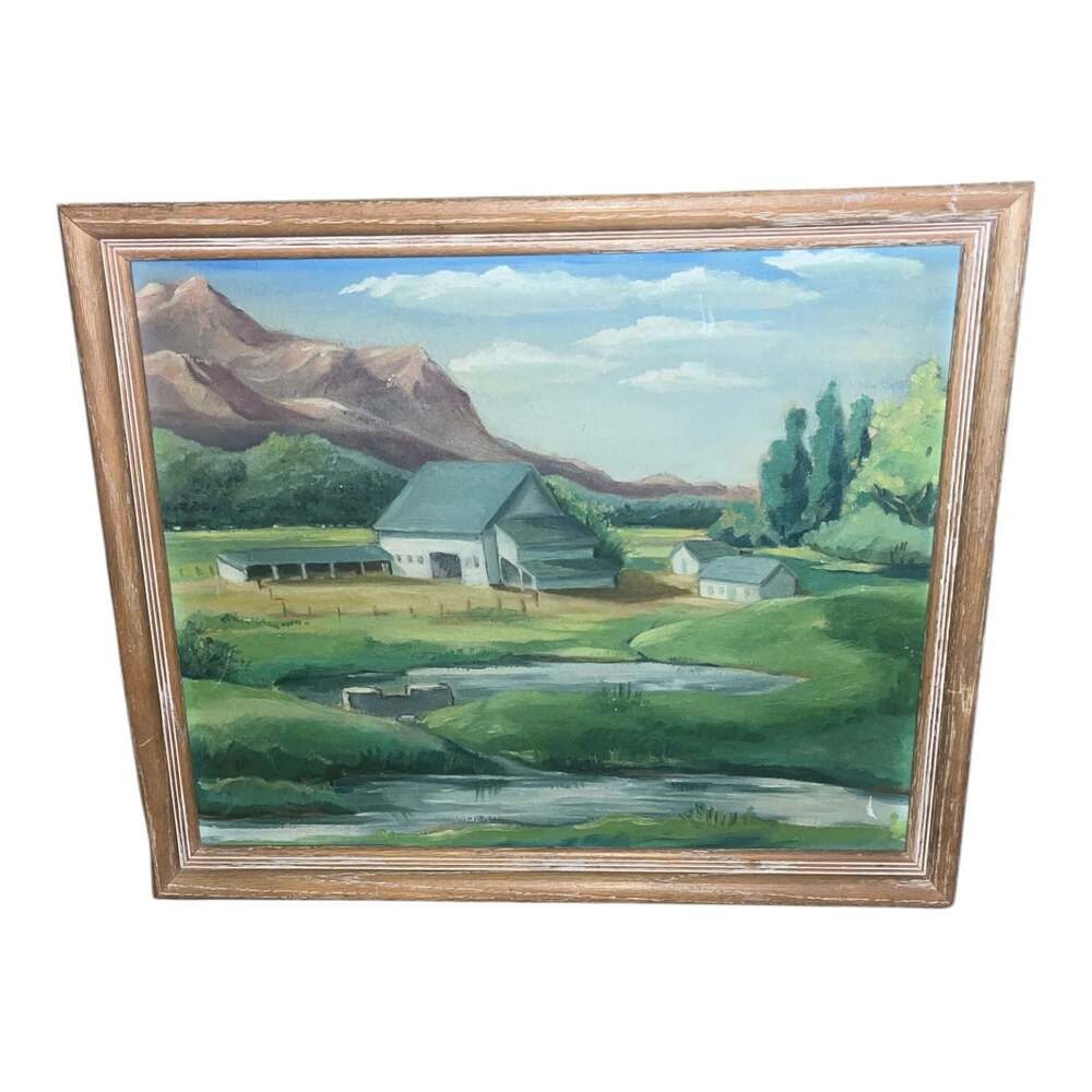Vintage Framed Farmhouse Landscape Oil Painting with Barn and Mountains